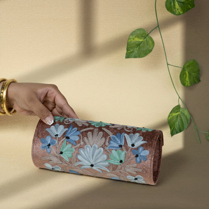 Dusty Brown with Blue Kashmiri Velvet Round Clutch