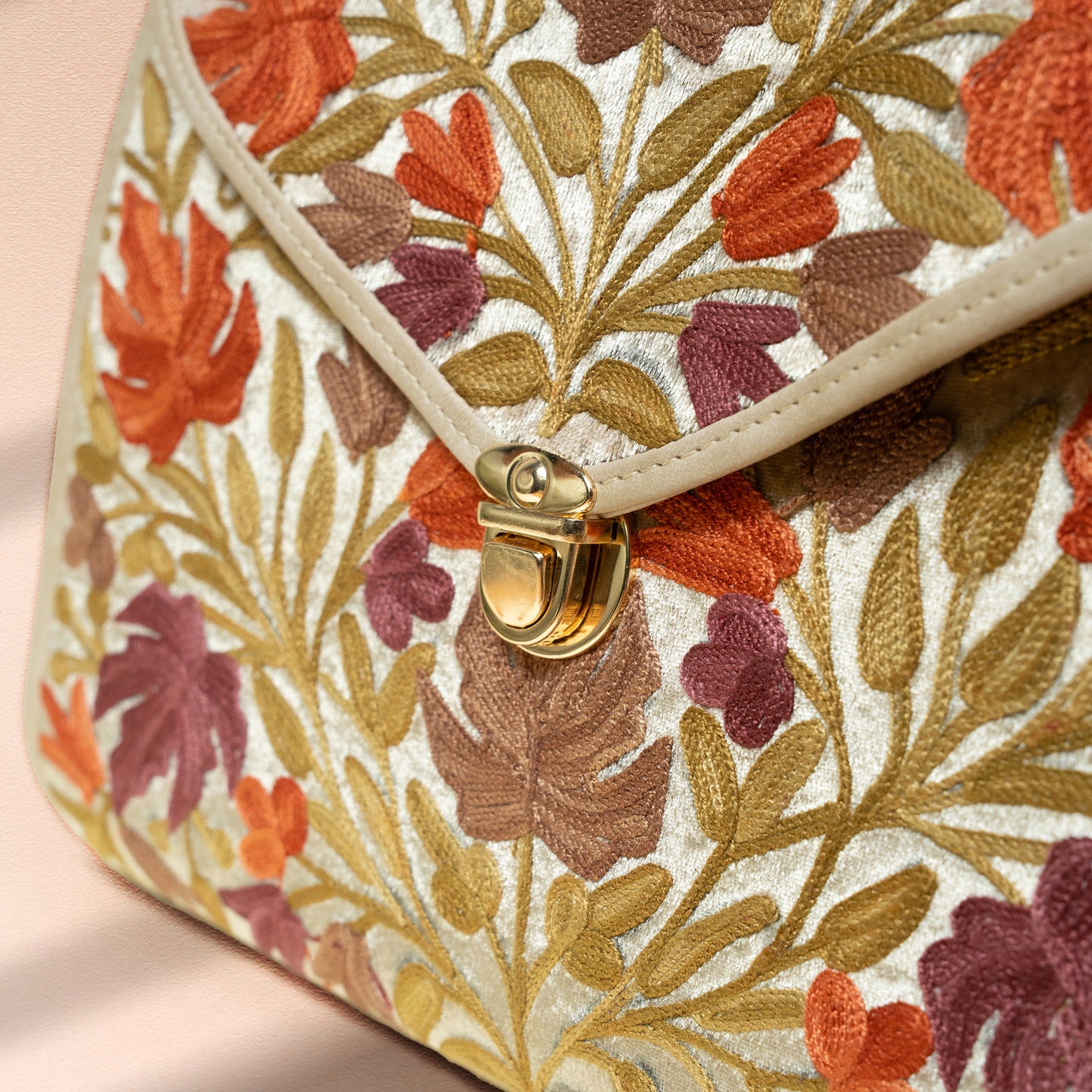Beige Chinar Kashmiri Velvet Flap Handbag