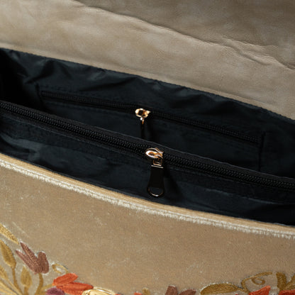 Beige Chinar Kashmiri Velvet Flap Handbag