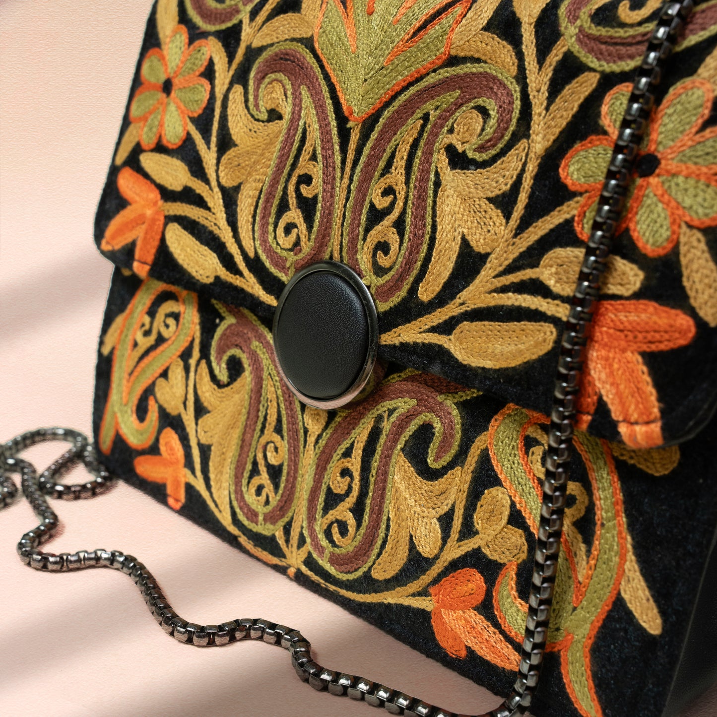 Black Kashmiri Velvet Floral Sling Bag