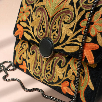 Black Kashmiri Velvet Floral Sling Bag