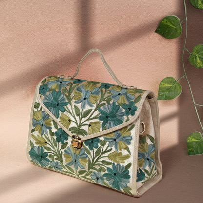 Beige with Green Floral Kashmiri Velvet Flap Handbag