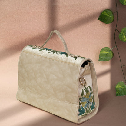 Beige with Green Floral Kashmiri Velvet Flap Handbag