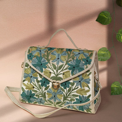 Beige with Green Floral Kashmiri Velvet Flap Handbag