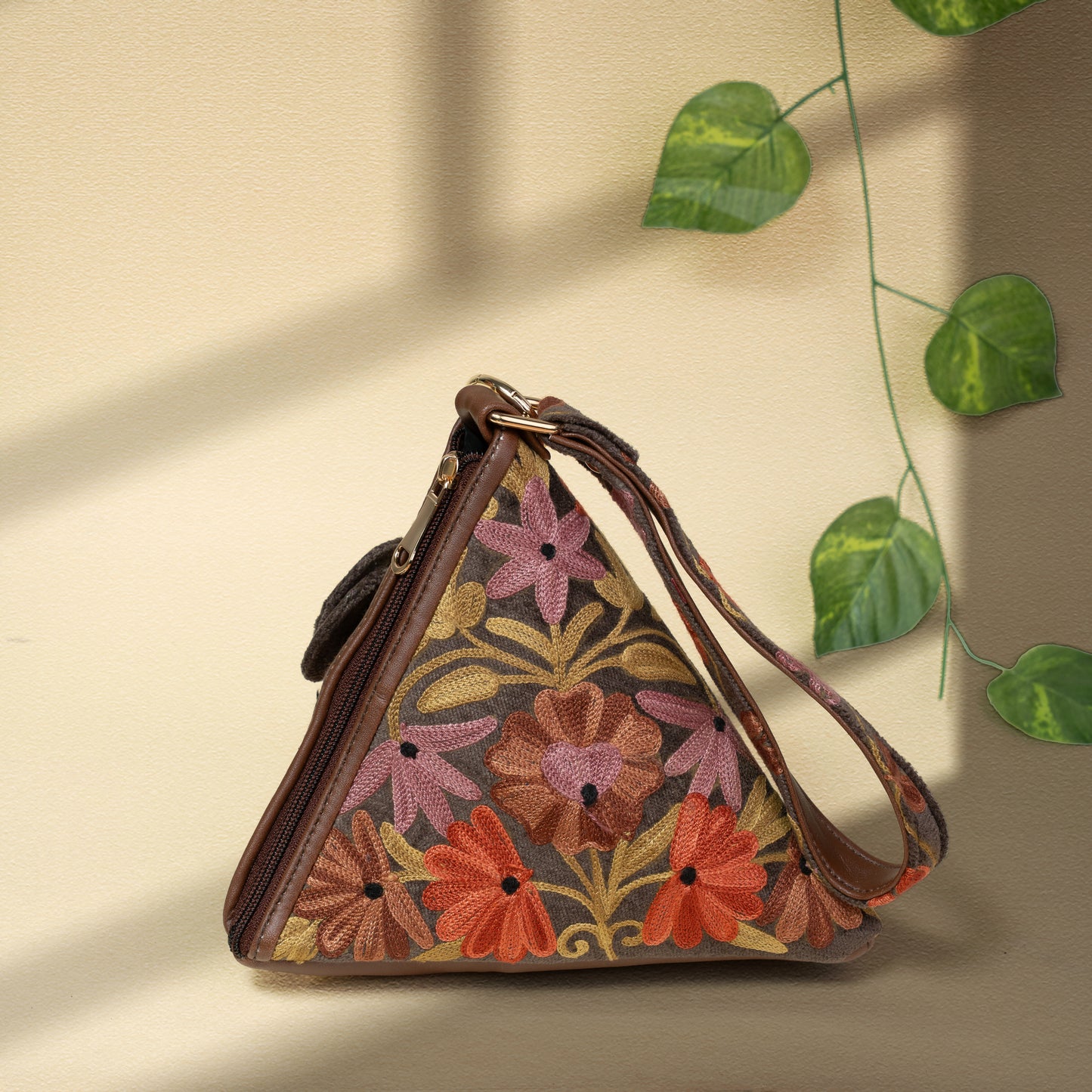 Grey Floral Kashmiri Velvet Triangle Bag