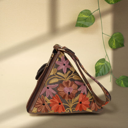 Grey Floral Kashmiri Velvet Triangle Bag