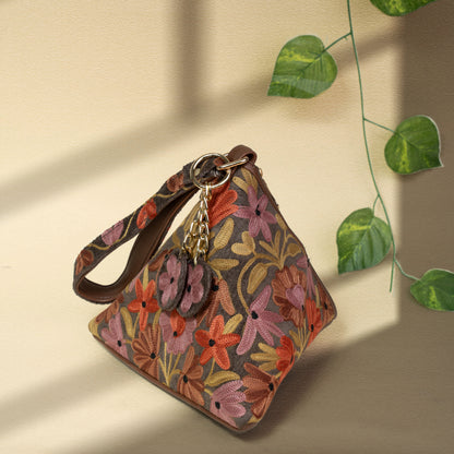 Grey Floral Kashmiri Velvet Triangle Bag