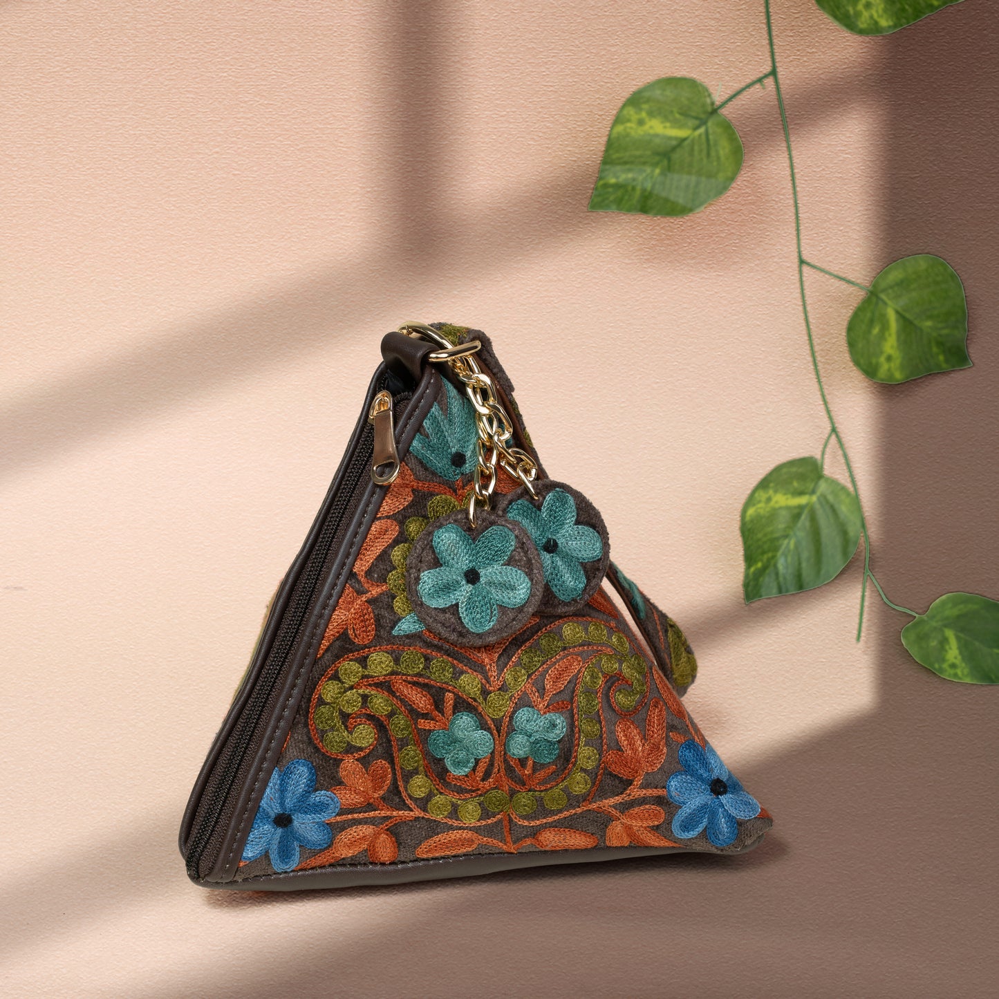 Dark Grey with Blue Floral Kashmiri Velvet Triangle Bag