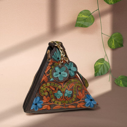 Dark Grey with Blue Floral Kashmiri Velvet Triangle Bag