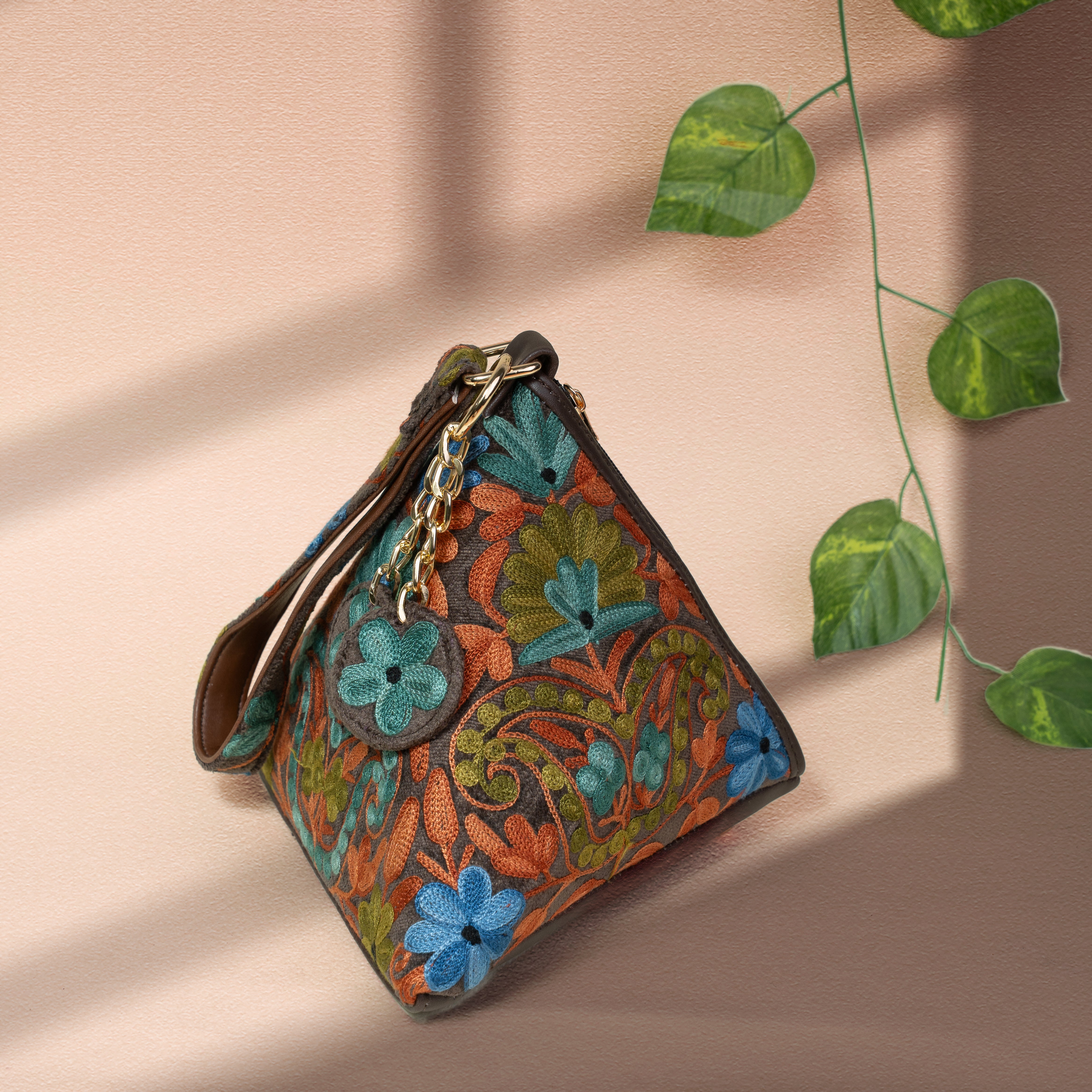 Dark Grey with Blue Floral Kashmiri Velvet Triangle Bag