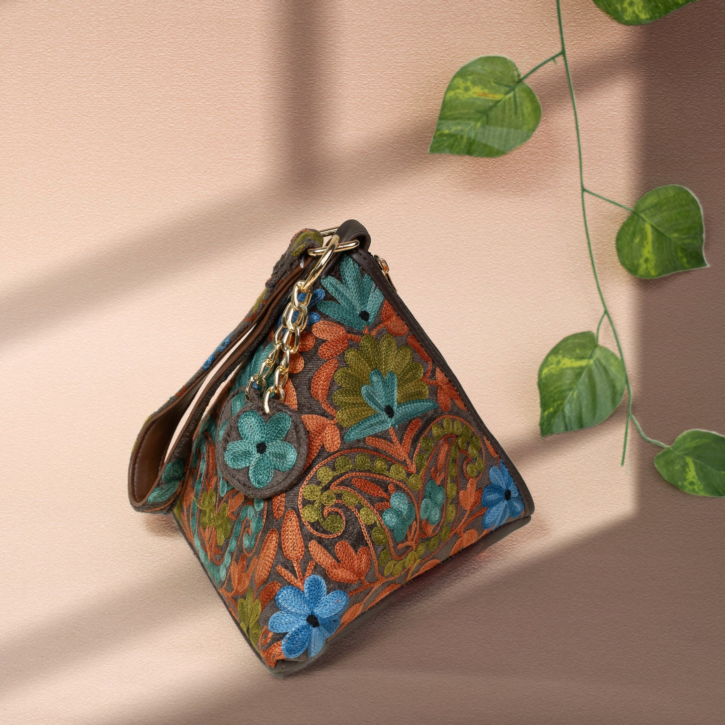 Dark Grey with Blue Floral Kashmiri Velvet Triangle Bag