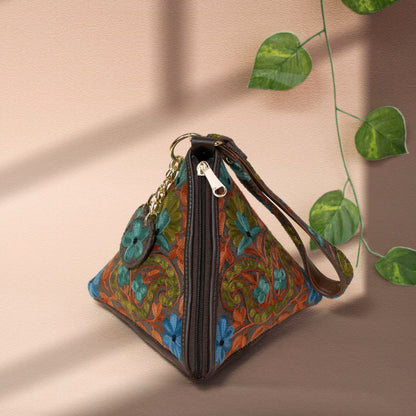 Dark Grey with Blue Floral Kashmiri Velvet Triangle Bag