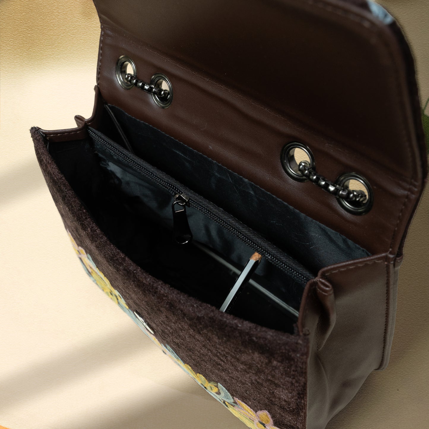 Dark Brown Velvet Floral Sling Bag