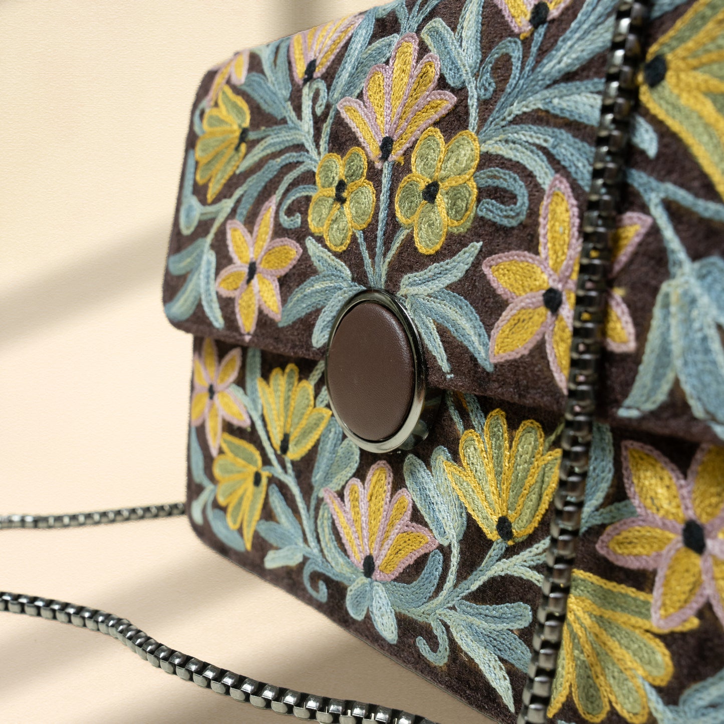 Dark Brown Velvet Floral Sling Bag