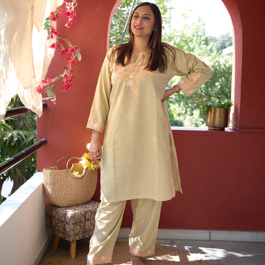 Beige Kashmiri Kurti Co-Ord Set