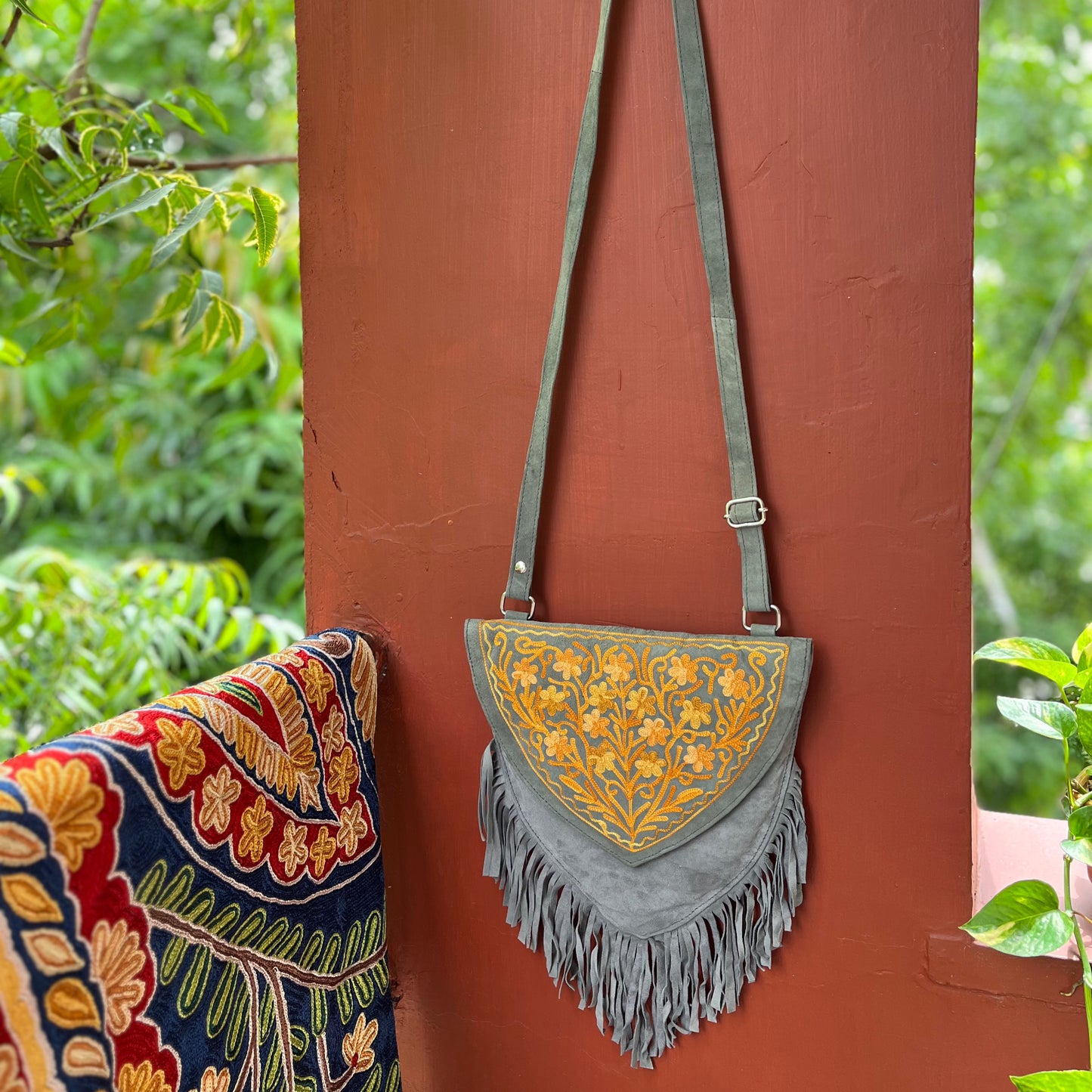 Grey Kashmiri Sling Bag with Fringes 04
