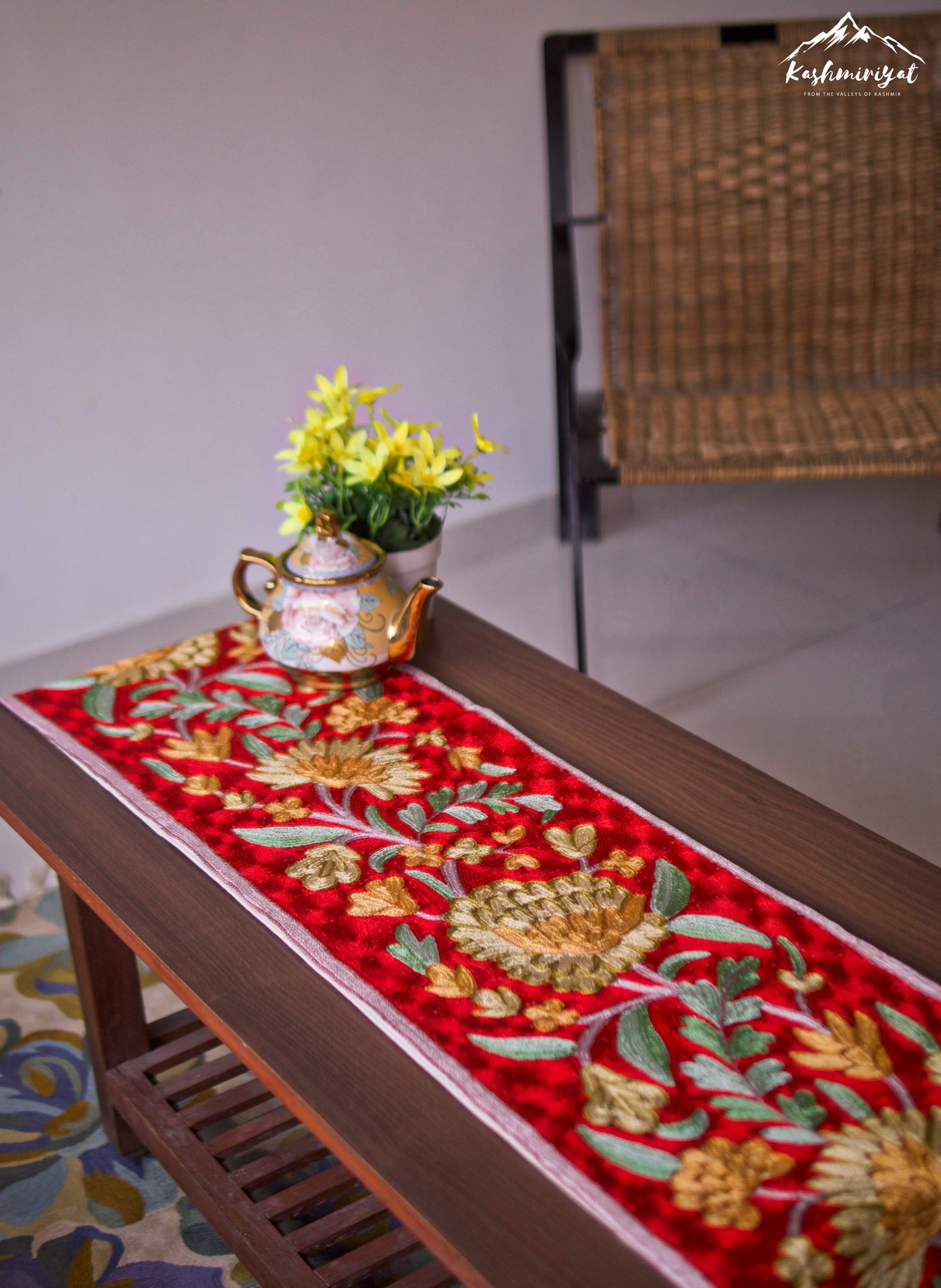 Red Silk Embroidered Table Runner