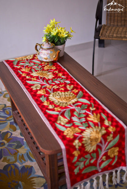 Red Silk Embroidered Table Runner