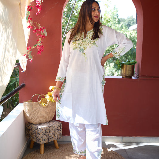 White Kashmiri Kurti Co-Ord Set